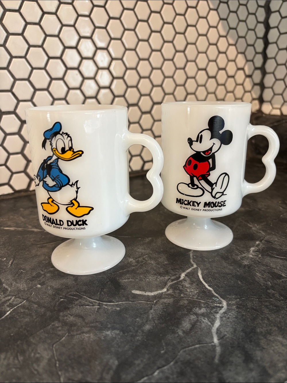 Vintage Disney Mickey Mouse & Donald Duck White Pedestal Mugs - Set of 2